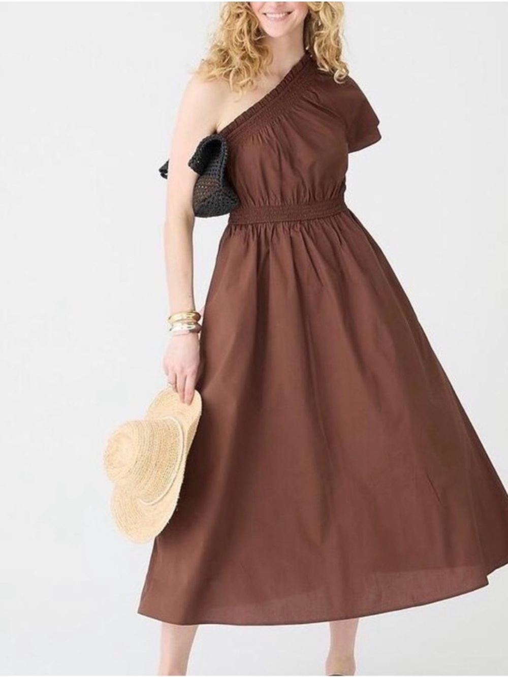 J. Crew Smocked One-shoulder Dress in Cotton Poplin Brown Sz XS